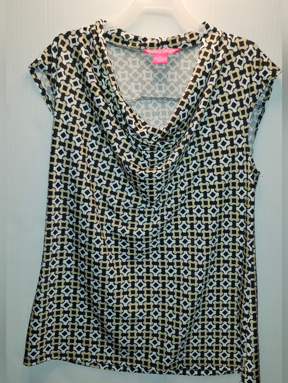 Sunny Leigh Black & Cream Cowl Neck Geometric Print Top